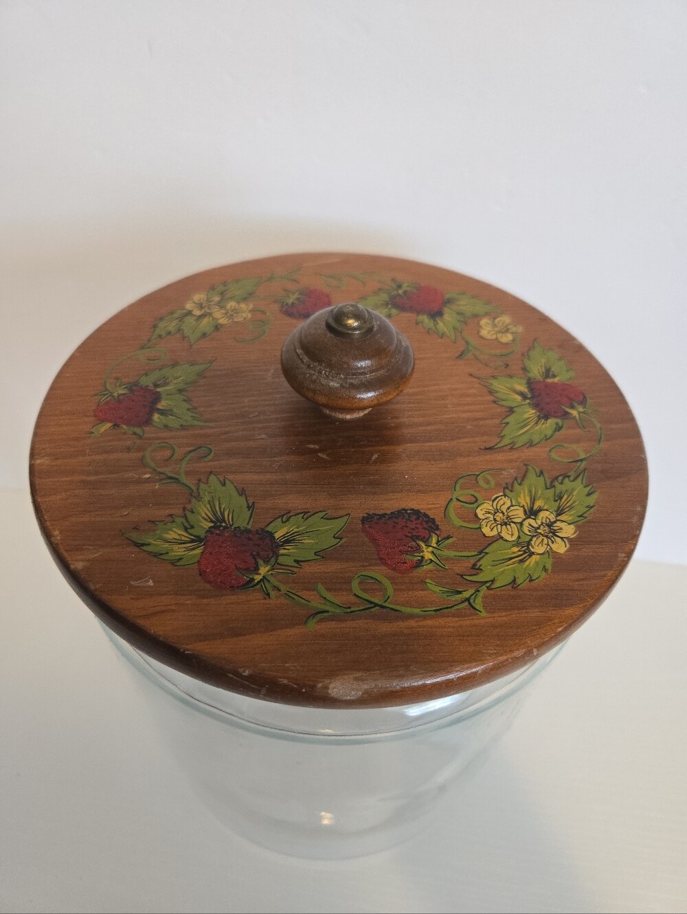 Vintage Glass Jar W/ Hand Painter Wooden  Stawberry Lid  MCM Cottagecore
